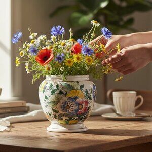 Italian floral footed planter vase, vintage ceramic, bulbous bouquet shape